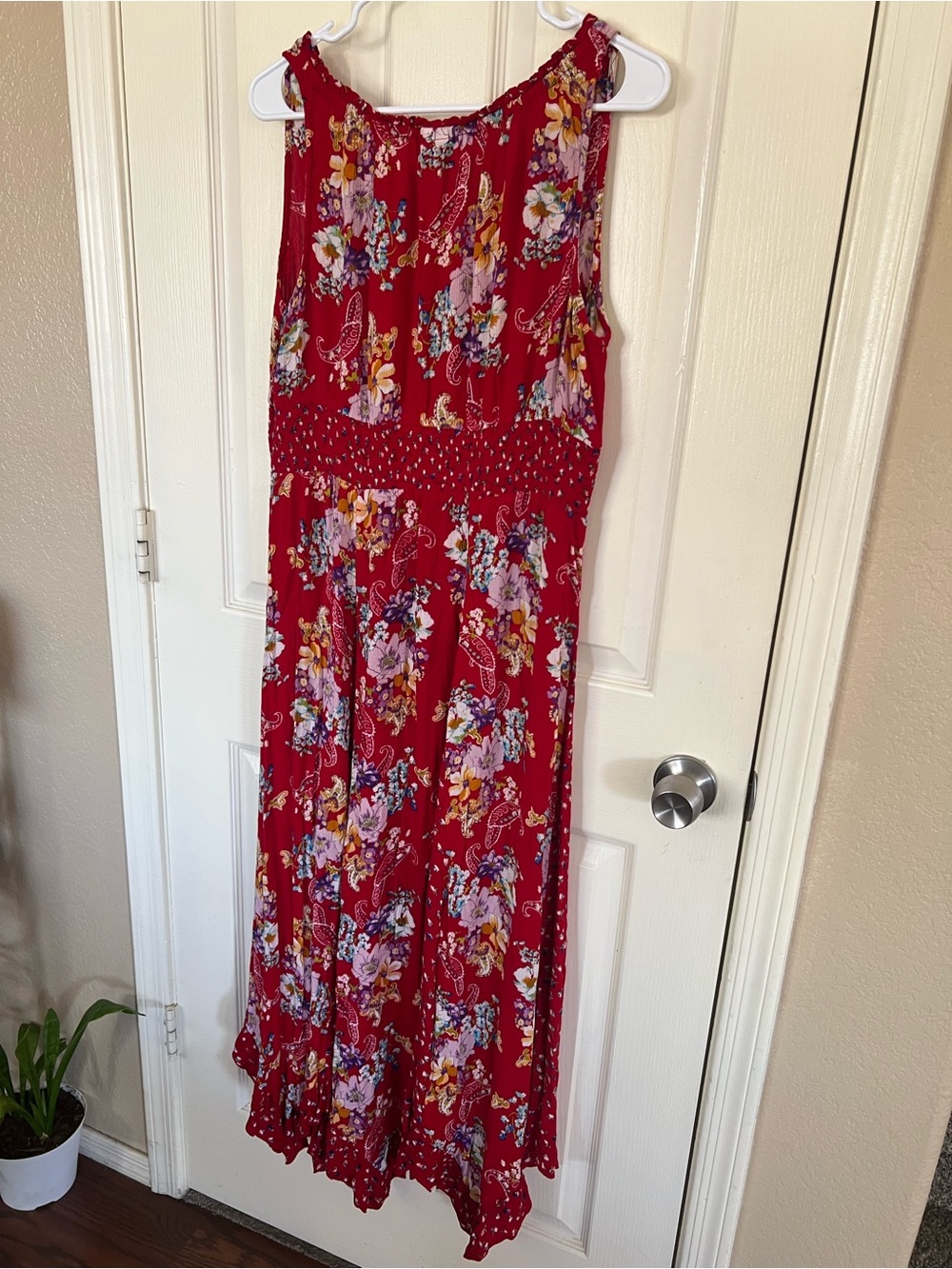 Bila Red Floral Paisley Smocked Waist Boho Maxi Dress L - Picture 11 of 14